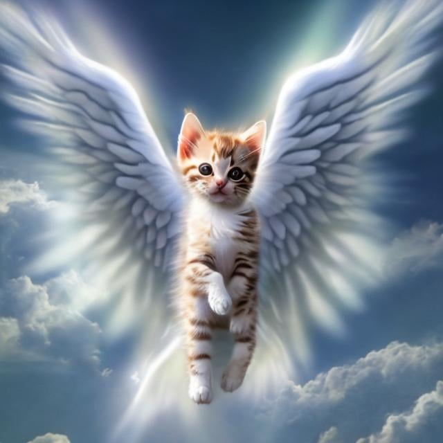 Prompt: Kitten with angel wings, ascending to heaven