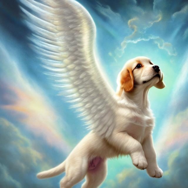 Prompt: puppy with angel wings, ascending to heaven