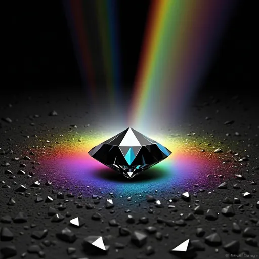 Prompt: All black Scene
One Ray of Light Shining on One Spot on the Ground
On this Ground is a Diamond which Breaks the light in the Colors of the Rainbow
