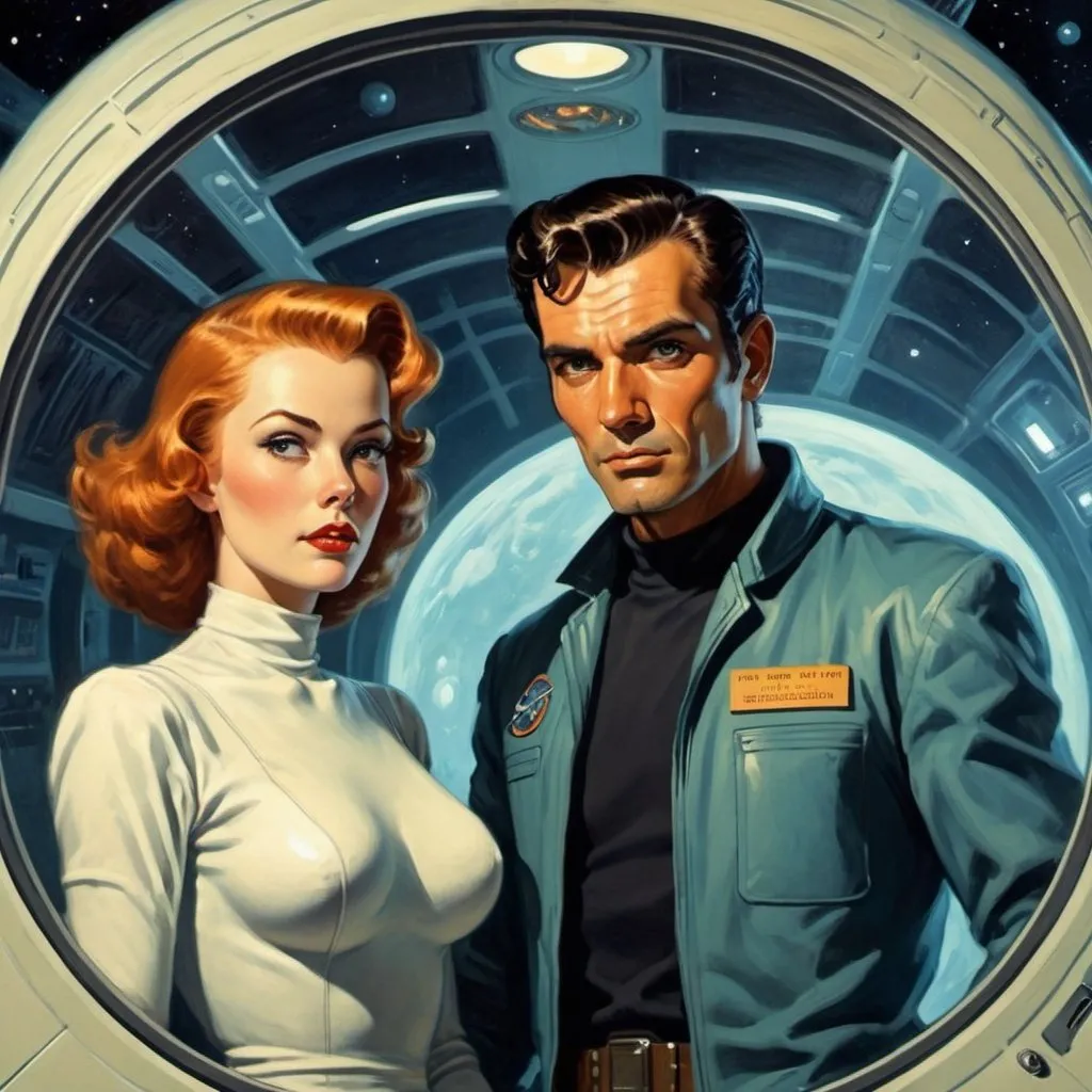 Prompt: man and woman on a spaceship, science-fiction, pulp style