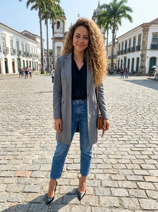 Prompt: full body shot front view of Photorealistic art style She is a latina named Taisha. She is originally from brazil and loves a party. 
She is around 176cm tall, got a slim but curvy silhouette. She loves to exercise and also to dance. 
She has long curly light brown hair. Her hair is very thick. 
She has big light brown eyes. Her nose is dlight small but pointy.
Her lips are pretty thick and she presents dimples at slight smile.
She has frakles around the nose area.
At this stage, she is dressed very smart with a long grey jacket and high heels.
Under the jacket she has a black blouse and she has mid size jeans reaching just below her knees. face to viewer, background is a suitable beautiful scene