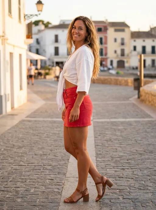 Prompt: full body shot front view of Photorealistic art style A confident stylish woman with long wavie light brown hair, sun kissed skin and with an athletic build. Her curves are generously modest, proportionate to her body and stand out. She is dressed with a short red tight miniskirt, mid high sandals and a open crop top. She is posed confortably sideways presenting a genuine smooth smile. She has dark brown eyes face to viewer, background is a suitable beautiful scene