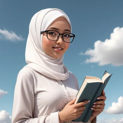 Prompt: 3d cartoon of a beautiful 23 year old Indonesian woman wearing a white hijab, wearing a glasses, pale skin,  holding a book, sky background,full body