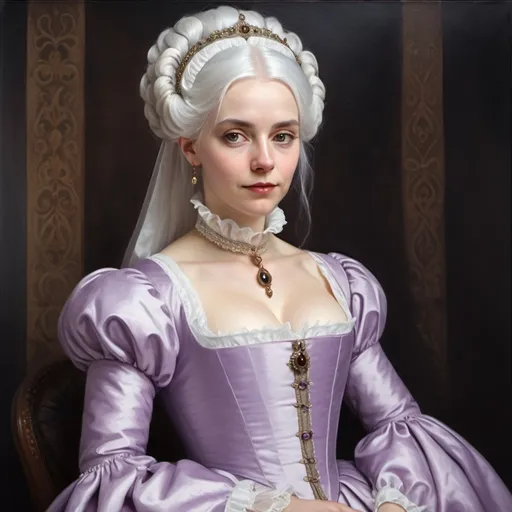 Prompt: white woman with white hair wearing a light purple tudor dress (oil painting style)
