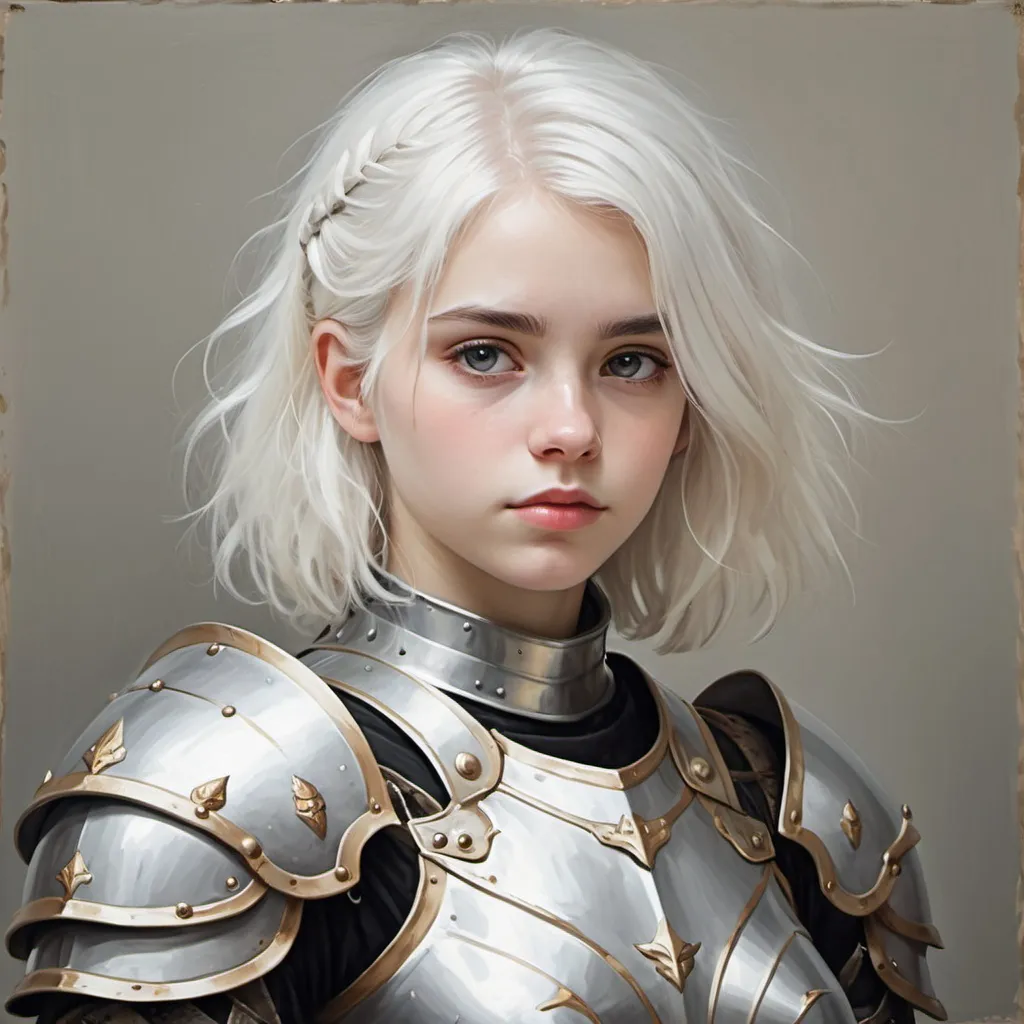 Prompt: white innocent girl with white hair wearing an armor (oil painting style)