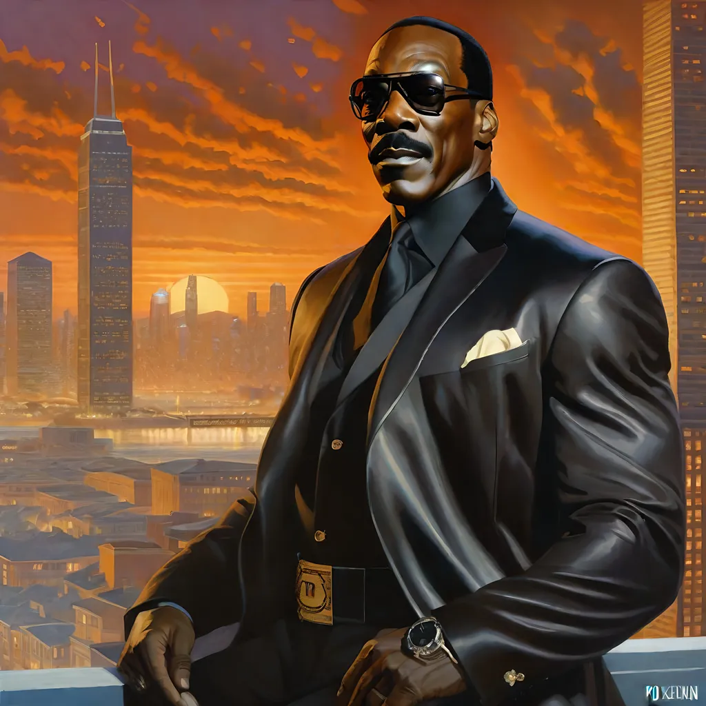 Prompt: Eddie Murphy GTA6. guns, thugs, money, guns, ski masks, baseball bats, twin cities atmosphere, box art style, Fully detailed painting by Greg Rutkowski and by Henry Justice Ford and by Steve Henderson, Expertly and professionally detailed artwork by Roxie Vizcarra and by Stephen Bliss.