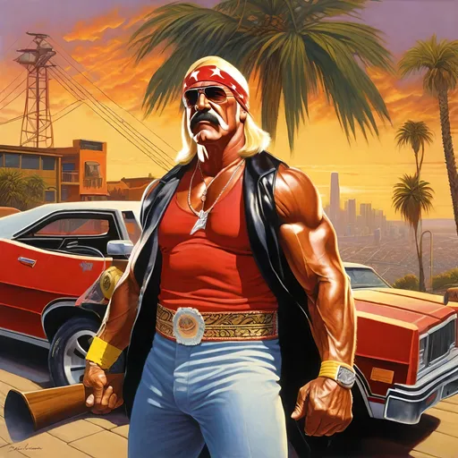 Prompt: 1975"s Hulk Hogan  GTA SAN andreas,  Guns, thugs, money, guns, ski masks, baseball bats, cityscape atmosphere, box art style, extremly hyper detailed painting by Greg Rutkowski and by Henry Justice Ford and by Steve Henderson, detailed artwork by Roxie Vizcarra and by Stephen Bliss.