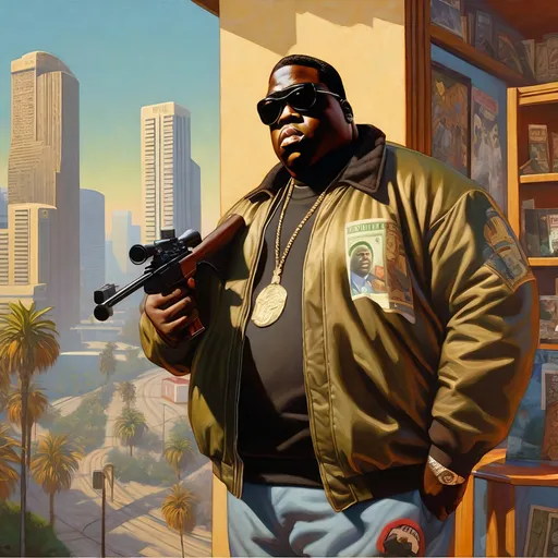 Prompt: Biggie smalls GTA San Andreas guns, thugs, money, guns, ski masks, baseball bats, cityscape atmosphere, box art style, extreme mega hyper  pin point detailed painting by Greg Rutkowski and by Henry Justice Ford and by Steve Henderson, detailed artwork by Roxie Vizcarra and by Stephen Bliss.