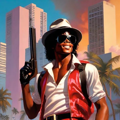 Prompt: Micheal Jackson in GTA Vice city has a group of young little boys guns, thugs, money, guns, ski masks, baseball bats, cityscape gang life atmosphere, box art style, Fully detailed painting by Greg Rutkowski and by Henry Justice Ford and by Steve Henderson, detailed artwork by Roxie Vizcarra and by Stephen Bliss.