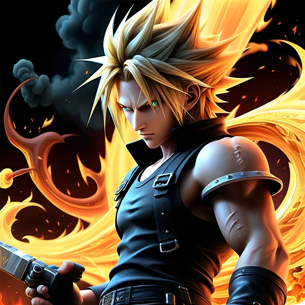 Prompt: quantumly detailed artistic, intricate, integrated, and perfectly proffesionally detailed wallpaper artwork of quantumly detailed majestic, magical,  creative intelligent generation that leaves an epic euphoria with highest resolution highest quality,  final fantAsy 7 theme cloud fighting with bustersword on fire high quantum detailed flames in the style of swirling