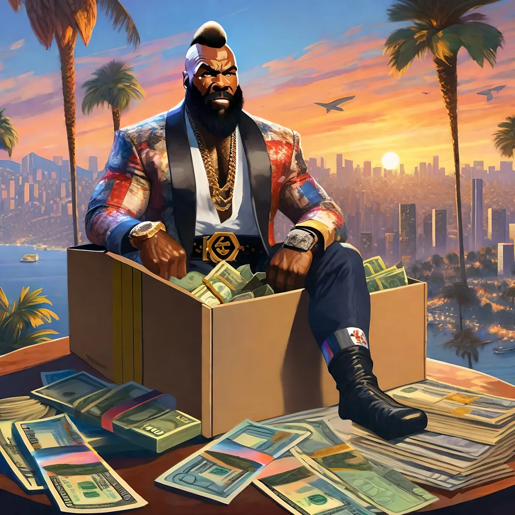 Prompt: Mr. T in GTA6. guns, thugs, money, guns, ski masks, baseball bats, Cityscape Collage atmosphere, box art style, Fully detailed painting by Greg Rutkowski and by Henry Justice Ford and by Steve Henderson, Expertly and professionally detailed artwork by Roxie Vizcarra and by Stephen Bliss.