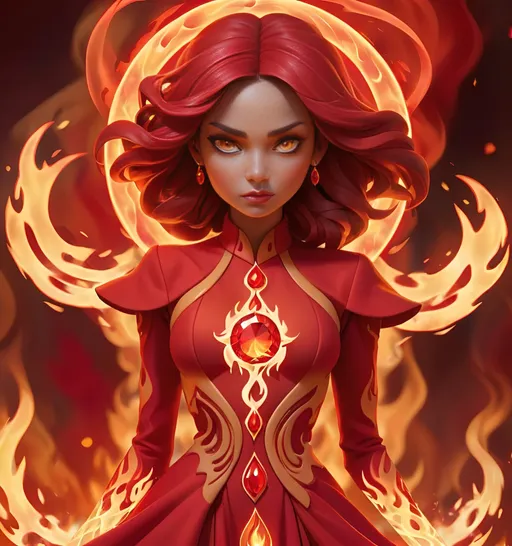 Prompt:  girl of fire magic that's dressed in all red with flames winding tightly around body followed by red aura of fire surrounding whole body, flames circle around every limb. Detail medallion fire red jewel on dress 