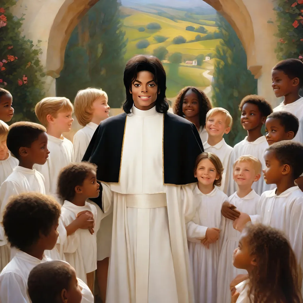 Prompt: Micheal jackson dressed like a priest very inappropriately in front of children detail children young white boys,  Professional photo shoot atmosphere, Music video scene Scene Perfect, tantalizing, sensual, playful, touching, pleasing, wanting, needing, loving, teasing poses box art style, Insanely fine extremely real life 8k photo enhanced by Greg Rutkowski and by Henry Justice Ford and by Steve Henderson, detailed Live still frame completed by Roxie Vizcarra and by Stephen Bliss.