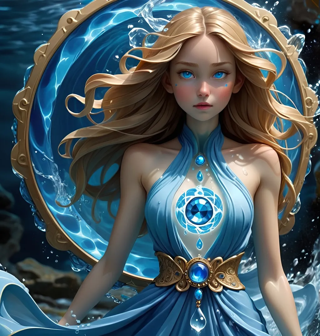Prompt:  girl of water magic that's dressed in all blue with water power winding tightly around body followed by blue aura of blue magic surrounding whole body. Detail medallion blue jewel on dress 