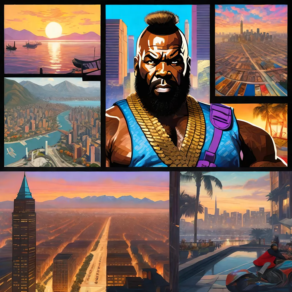 Prompt: Mr. T in GTA6. guns, thugs, money, guns, ski masks, baseball bats, Cityscape Collage atmosphere, box art style, Fully detailed painting by Greg Rutkowski and by Henry Justice Ford and by Steve Henderson, Expertly and professionally detailed artwork by Roxie Vizcarra and by Stephen Bliss.