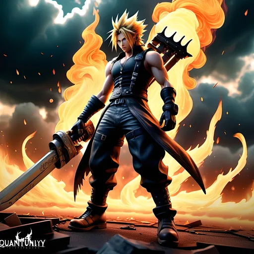 Prompt: quantumly detailed artistic, intricate, integrated, and perfectly proffesionally detailed wallpaper artwork of quantumly detailed majestic, magical,  creative intelligent generation that leaves an epic euphoria with highest resolution highest quality,  final fantAsy 7 theme action photoshoot cloud fighting with bustersword on fire high quantum detailed flames in the style of twisting