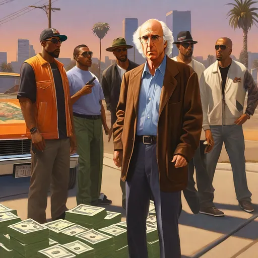 Prompt: Larry David looking at gang group with wtf look in GTA SAN andreas, thugs, money, guns, baseball bats, cityscape atmosphere, box art style, hyper detailed painting by Greg Rutkowski and by Henry Justice Ford and by Steve Henderson