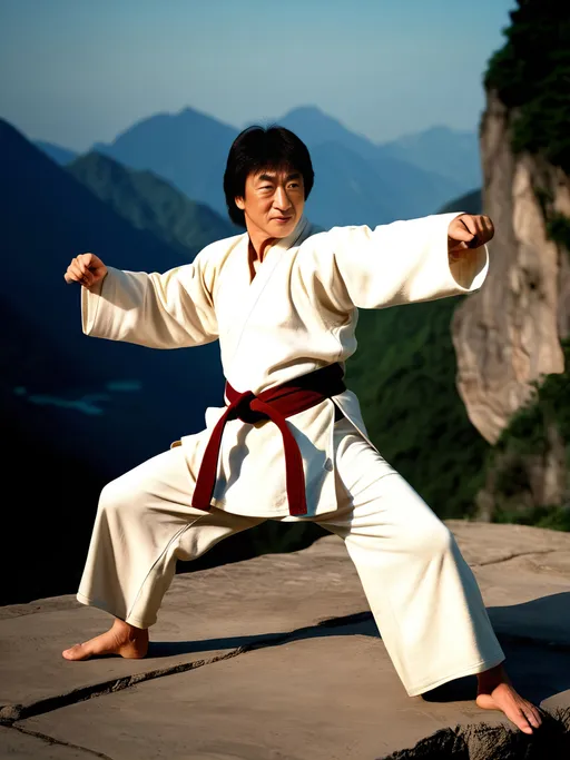 Prompt: Jackie Chan In a professional photoshoot. Displaying the folloeing fighting stances the Swan, The Cran, The Crouching monkey, Drunken Master, Caupauanaa, The Tiger, The Cat, scenic Atmosphere box art style, Insanely fine extremely real life 8k photo Uhv enhanced by Greg Rutkowski and by Henry Justice Ford and by Steve Henderson, detailed Live still frame completed by Roxie Vizcarra and by Stephen Bliss.