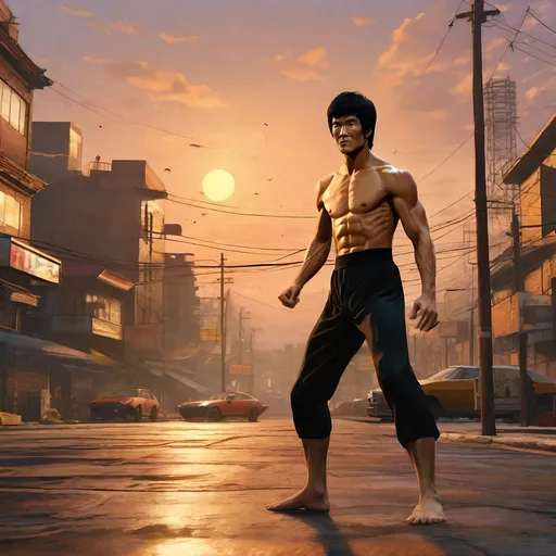 Prompt: Bruce Lee in GTA8. guns, thugs, money, baseball bats, weapons, ghetto cityscape atmosphere, box art style, Fully detailed 8k video still framed done by Greg Rutkowski and by Henry Justice Ford and by Steve Henderson, Expertly and professionally detailed artwork by Roxie Vizcarra and by Stephen Bliss.