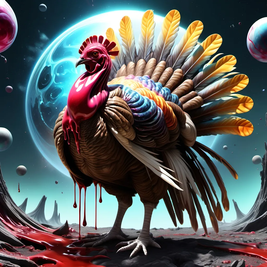 Prompt: Melting reversed gravity theme 12k wallpaper , warped time, double lapsed giant zombie turkey with blood dripping from beak, perpendicular perception galactic plane,  omega graphical phenomenon, interstellar medium,  with magically detailed complex holographic killer, trails, with special effects that showcase extreme graphic detailing