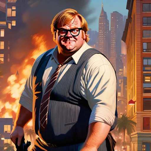 Prompt: Chris Farley in GTA6. guns, thugs, money, guns, ski masks, baseball bats, cityscape gang life atmosphere, box art style, Fully detailed painting by Greg Rutkowski and by Henry Justice Ford and by Steve Henderson, Expertly and professionally detailed artwork by Roxie Vizcarra and by Stephen Bliss.
