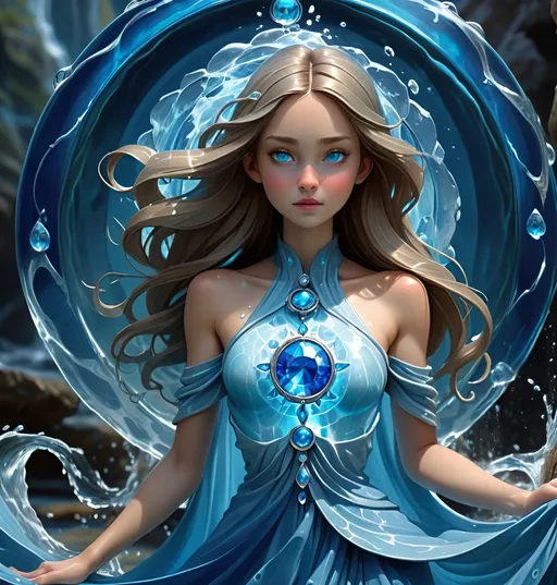 Prompt:  girl of water magic that's dressed in all blue with water power winding tightly around body followed by blue aura of blue magic surrounding whole body. Detail medallion blue jewel on dress 