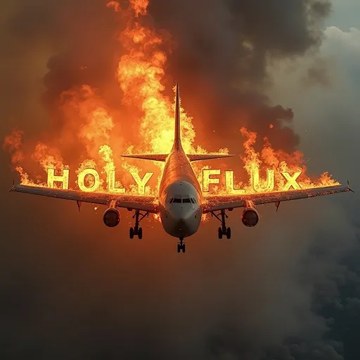 Prompt: A plane on fire, smoke vividly states burnt banner reads "Holy FLUX" 