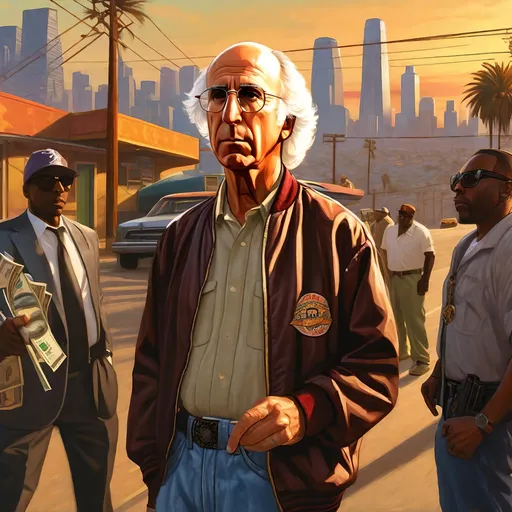 Prompt: Larry David looking like flava flave looking at gang confused in  GTA SAN andreas, thugs, money, guns, baseball bats, cityscape atmosphere, box art style, extremly hyper detailed painting by Greg Rutkowski and by Henry Justice Ford and by Steve Henderson