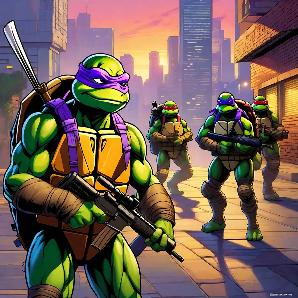 Prompt: {Donatello}Teenaged Mutant Ninja Turtles in GTA5  guns, thugs, money, guns, ski masks, baseball bats, cityscape atmosphere, box art style, extreme mega hyper  pin point detailed painting by Greg Rutkowski and by Henry Justice Ford and by Steve Henderson, detailed artwork by Roxie Vizcarra and by Stephen Bliss.