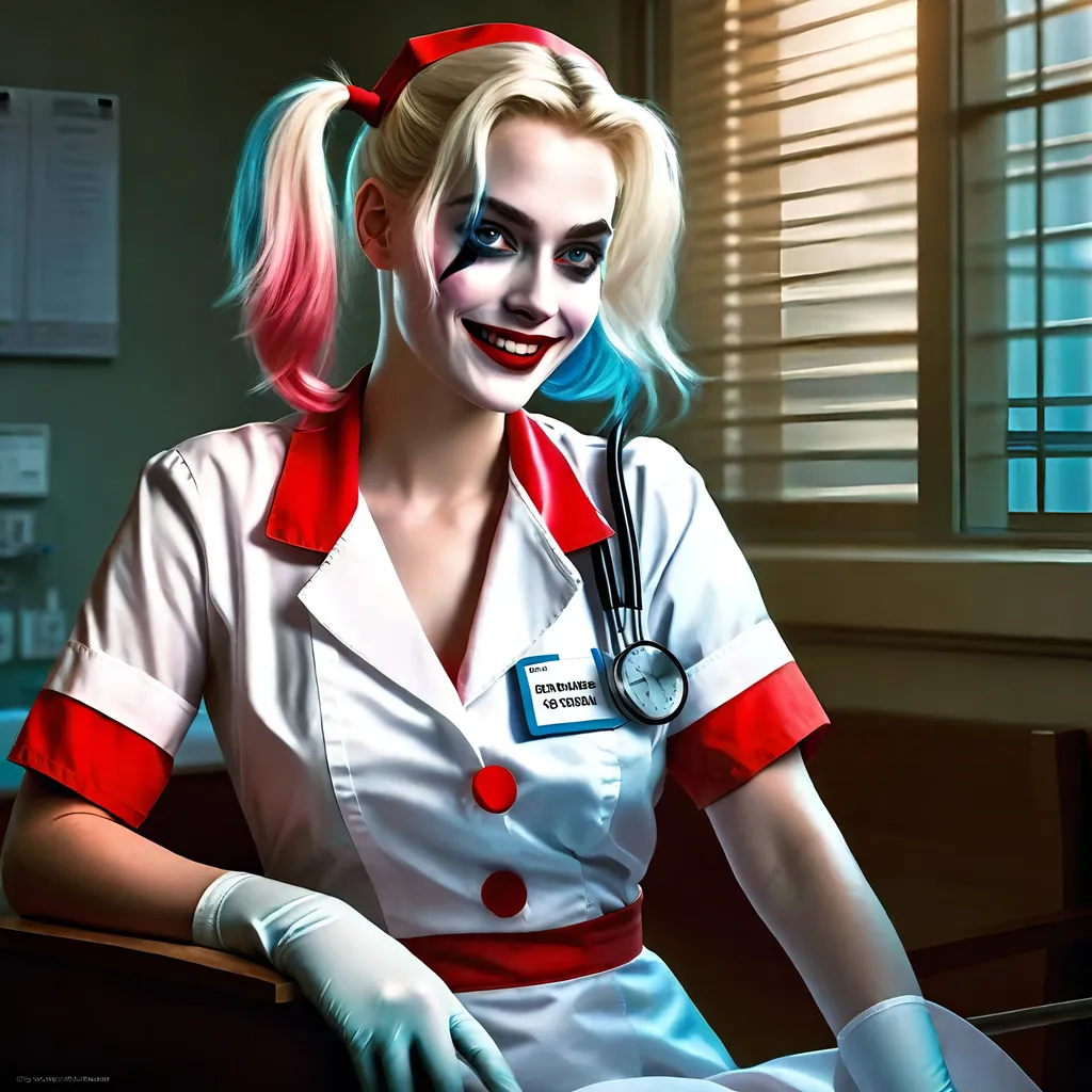 Prompt: Harley quinn Detail outfit Nurse attire
in Hospital atmosphere, box art style, Insanely fine extremely real life 8k photo by Greg Rutkowski and by Henry Justice Ford and by Steve Henderson, detailed artwork by Roxie Vizcarra and by Stephen Bliss.