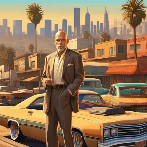 Prompt: John Malkovich in GTA SAN andreas, thugs, money, baseball bats, lowrider, cars, cityscape atmosphere, cartoony style, hyper detailed painting by Greg Rutkowski and by Henry Justice Ford and by Steve Henderson