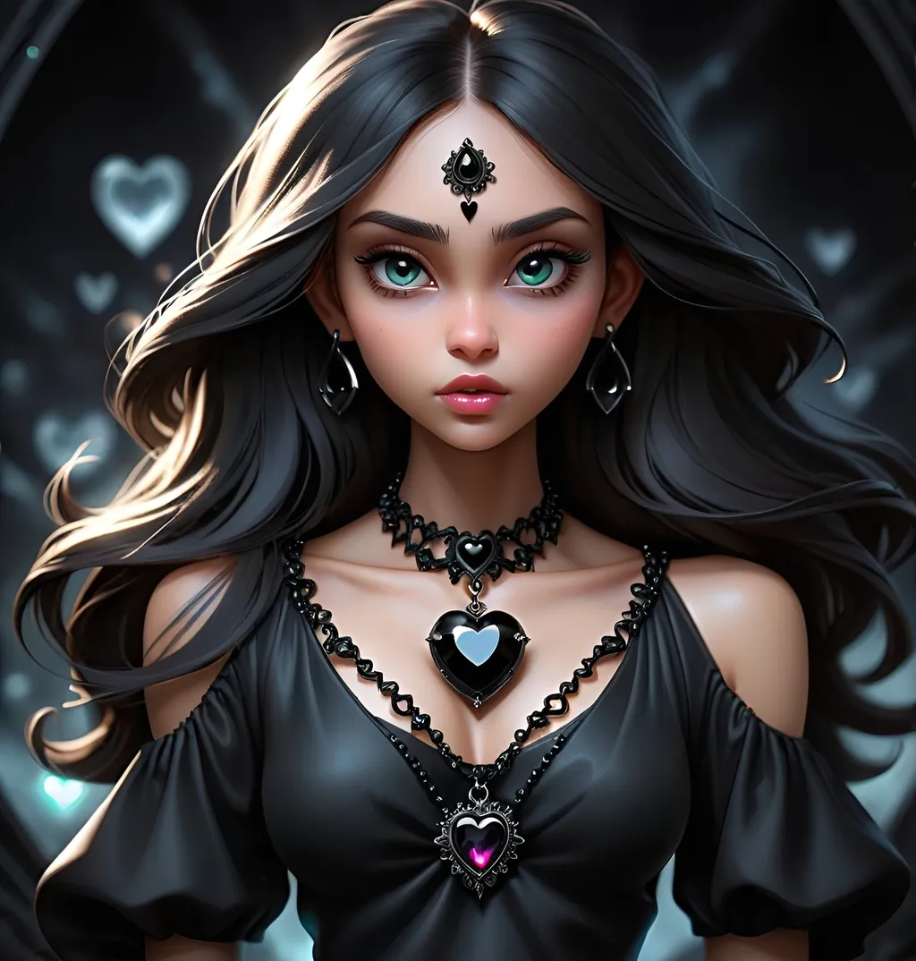 Prompt: Girl of black magic dressed in black. Black aura surrounds her. Detail medallian black heart shaped  jewel