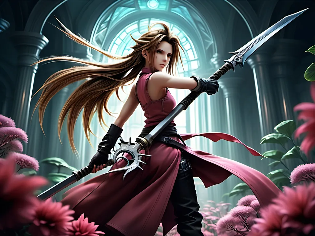 Prompt: quantumly detailed artistic, intricate, integrated, and perfectly proffesionally detailed wallpaper artwork of quantumly detailed majestic, magical,  creative intelligent generation that leaves an epic euphoria with highest resolution highest quality,  final fantasy 7 Aerith killing sepharoth with magical staff