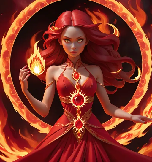 Prompt:  girl of fire magic that's dressed in all red with flames winding tightly around body followed by red aura of fire surrounding whole body, flames circle around every limb. Detail medallion fire red jewel on dress 