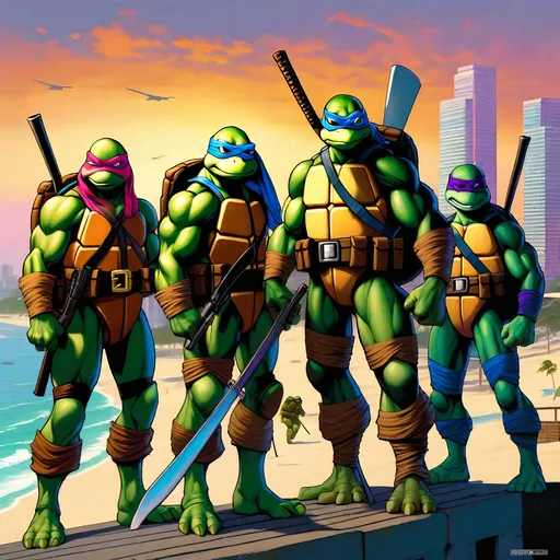 Prompt: {Ralphael} Teenaged Mutant Ninja Turtles in GTA Vice city guns, thugs, money, guns, ski masks, baseball bats, cityscape atmosphere, box art style, extreme mega hyper  pin point detailed painting by Greg Rutkowski and by Henry Justice Ford and by Steve Henderson, detailed artwork by Roxie Vizcarra and by Stephen Bliss.