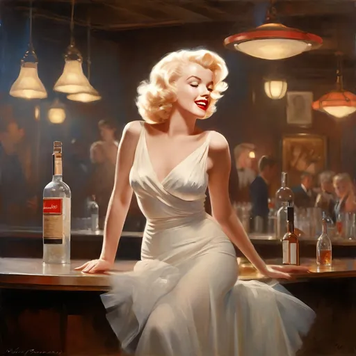 Prompt: Marilyn Monroe in Professionals photo shoot atmosphere, Bar Scene Perfect, tantalizing, sensual, playful, touching, pleasing, wanting, needing, loving, teasing poses box art style, Insanely fine extremely real life 8k photo enhanced by Greg Rutkowski and by Henry Justice Ford and by Steve Henderson, detailed Live still frame completed by Roxie Vizcarra and by Stephen Bliss.