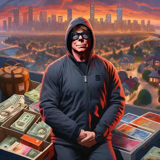 Prompt: Mike Meyers in GTA6. guns, thugs, money, guns, ski masks, baseball bats, Cityscape Collage atmosphere, box art style, Fully detailed painting by Greg Rutkowski and by Henry Justice Ford and by Steve Henderson, Expertly and professionally detailed artwork by Roxie Vizcarra and by Stephen Bliss.