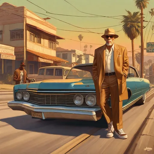 Prompt: John Malkovich in GTA SAN andreas, thugs, money, baseball bats, lowrider, cars, cityscape atmosphere, cartoony style, hyper detailed painting by Greg Rutkowski and by Henry Justice Ford and by Steve Henderson