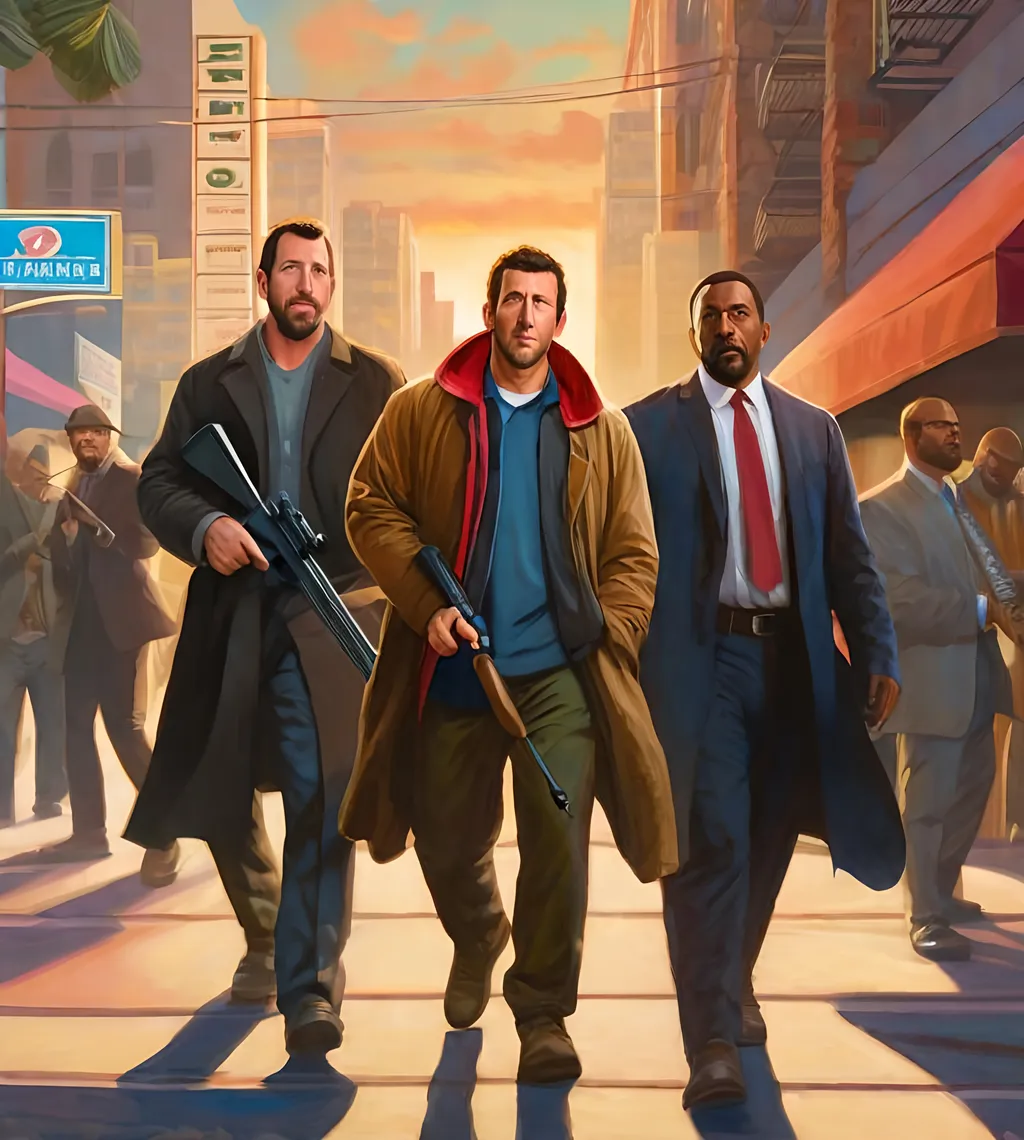 Prompt: Adam Sandler GTAV,  Guns, thugs, money, guns, ski masks, baseball bats, cityscape atmosphere, box art style, extremly hyper detailed painting by Greg Rutkowski and by Henry Justice Ford and by Steve Henderson, detailed artwork by Roxie Vizcarra and by Stephen Bliss.
