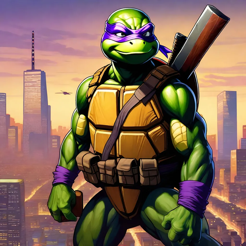Prompt: {Donatello}Teenaged Mutant Ninja Turtles in GTA5  guns, thugs, money, guns, ski masks, baseball bats, cityscape atmosphere, box art style, extreme mega hyper  pin point detailed painting by Greg Rutkowski and by Henry Justice Ford and by Steve Henderson, detailed artwork by Roxie Vizcarra and by Stephen Bliss.