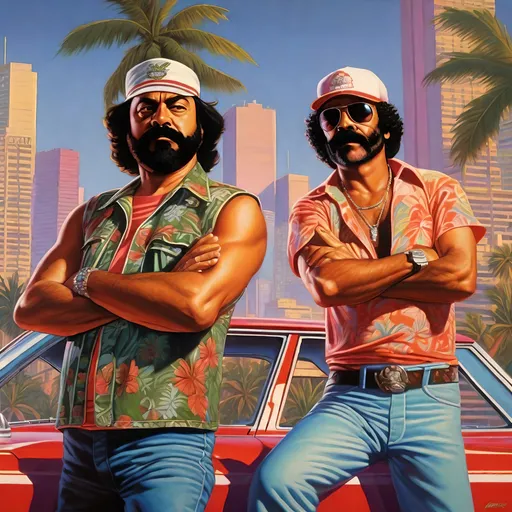 Prompt: Cheech and chong ib GTA Vice City,  Guns, thugs, money, guns, ski masks, baseball bats, cityscape atmosphere, box art style, extremly hyper detailed painting by Greg Rutkowski and by Henry Justice Ford and by Steve Henderson, detailed artwork by Roxie Vizcarra and by Stephen Bliss.