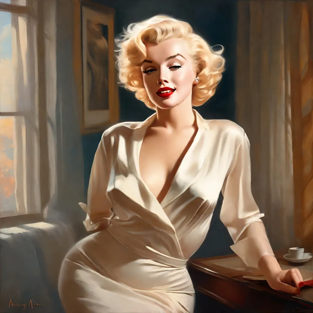 Prompt: Marilyn Monroe in Professionals photo shoot atmosphere, Perfect, tantalizing, sensual, playful, touching, pleasing, wanting, needing, loving, teasing poses box art style, Insanely fine extremely real life 8k photo enhanced by Greg Rutkowski and by Henry Justice Ford and by Steve Henderson, detailed Live still frame completed by Roxie Vizcarra and by Stephen Bliss.