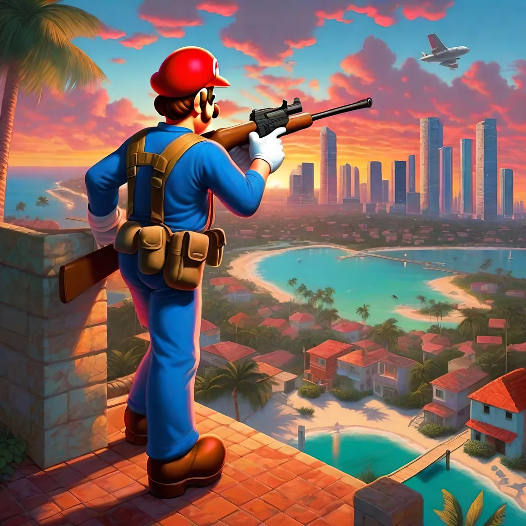 Prompt: Super Mario in GTA Vice city guns, thugs, money, guns, ski masks, baseball bats, cityscape atmosphere, box art style, Insanely fine hyper detailed painting by Greg Rutkowski and by Henry Justice Ford and by Steve Henderson, detailed artwork by Roxie Vizcarra and by Stephen Bliss.