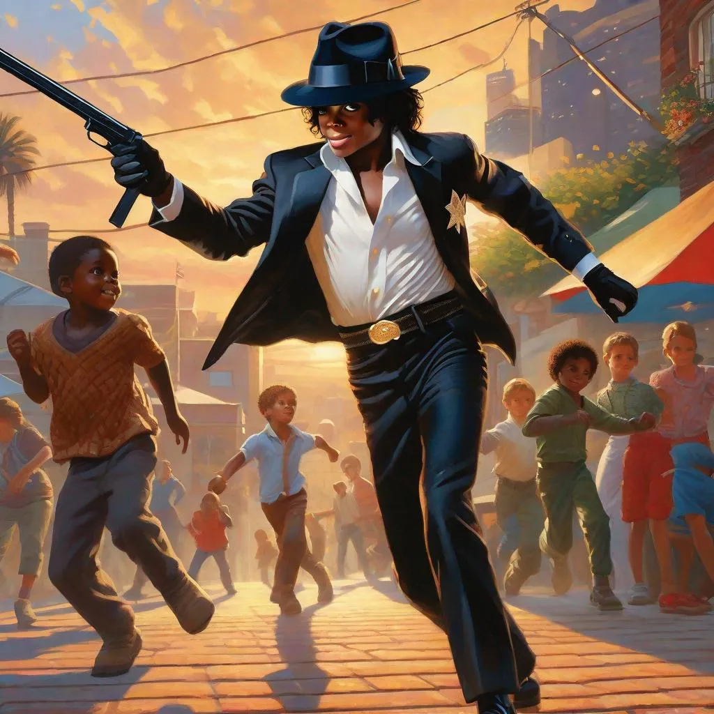 Prompt: Micheal Jackson dances as a young boy in GTAV. guns, thugs, money, guns, ski masks, baseball bats, cityscape gang life atmosphere, box art style, Fully detailed painting by Greg Rutkowski and by Henry Justice Ford and by Steve Henderson, detailed artwork by Roxie Vizcarra and by Stephen Bliss.