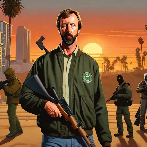 Prompt: Tom Green in GTA San Andreas guns, thugs, money, guns, ski masks, baseball bats, cityscape atmosphere, box art style, Insanely fine hyper detailed painting by Greg Rutkowski and by Henry Justice Ford and by Steve Henderson, detailed artwork by Roxie Vizcarra and by Stephen Bliss.