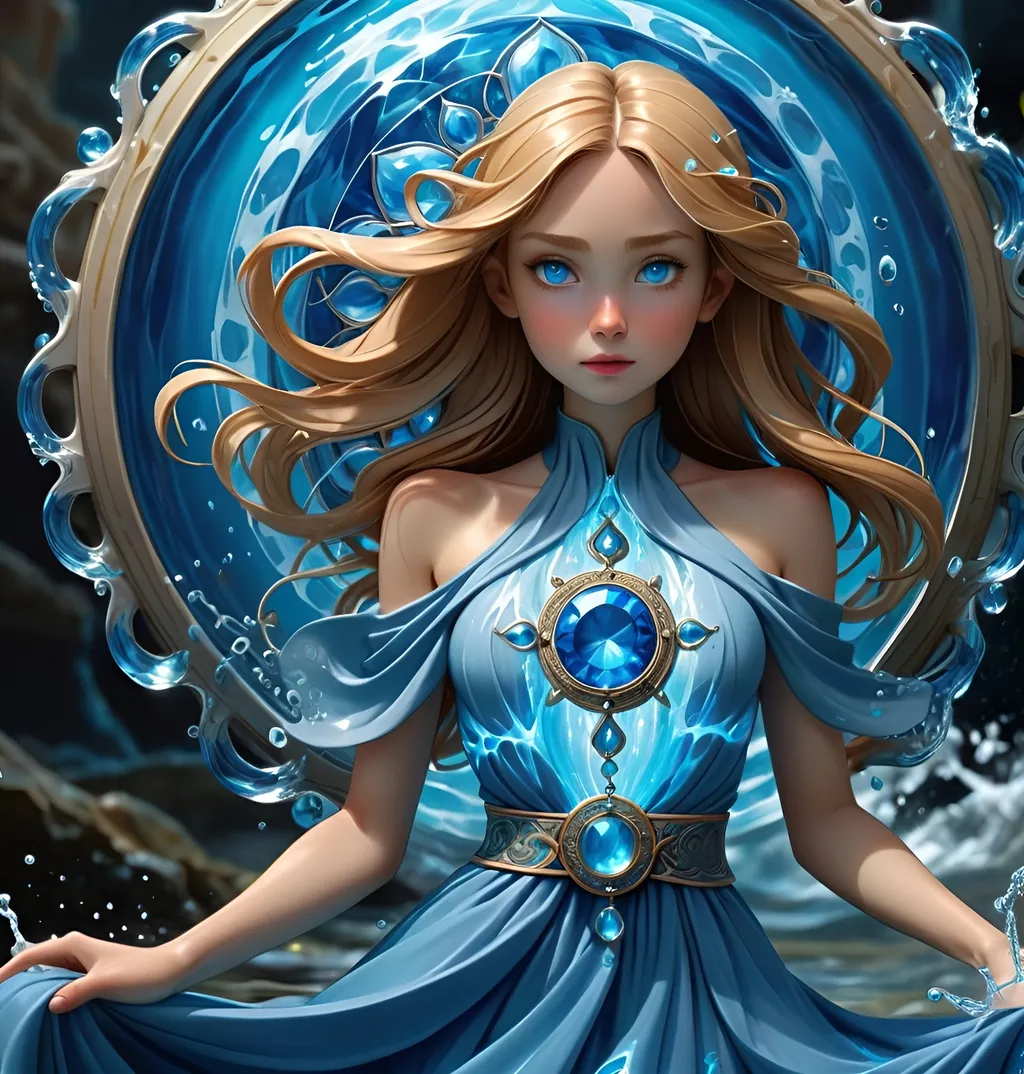 girl of water magic that's dressed in all blue with...