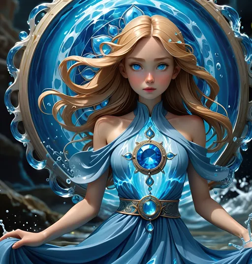 Prompt:  girl of water magic that's dressed in all blue with water power winding tightly around body followed by blue aura of blue magic surrounding whole body. Detail medallion blue jewel on dress 