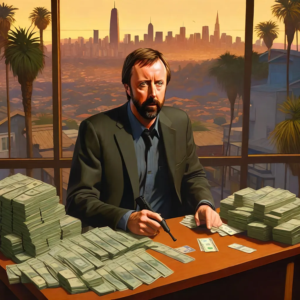 Prompt: Tom Green in GTA San Andreas guns, thugs, money, guns, ski masks, baseball bats, cityscape atmosphere, box art style, Insanely fine hyper detailed painting by Greg Rutkowski and by Henry Justice Ford and by Steve Henderson, detailed artwork by Roxie Vizcarra and by Stephen Bliss.