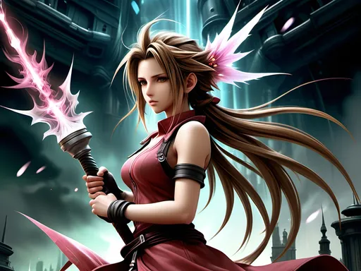 Prompt: quantumly detailed artistic, intricate, integrated, and perfectly proffesionally detailed wallpaper artwork of quantumly detailed majestic, magical,  creative intelligent generation that leaves an epic euphoria with highest resolution highest quality,  final fantasy 7 Aerith in the style of fighting sepharoth with magical staff