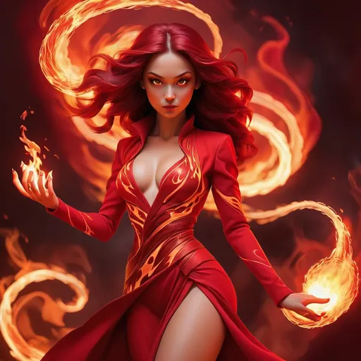 Prompt: girl of fire magic that's dressed in all red with flames winding tightly around body followed by red aura of fire surrounding whole body
